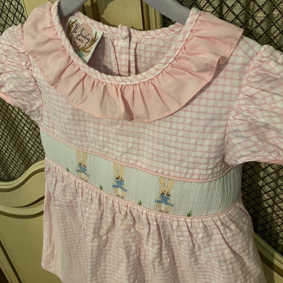 Adorable Smocked Peter Rabbit dress 3T pink check ruffle collar - Picture 2 of 7